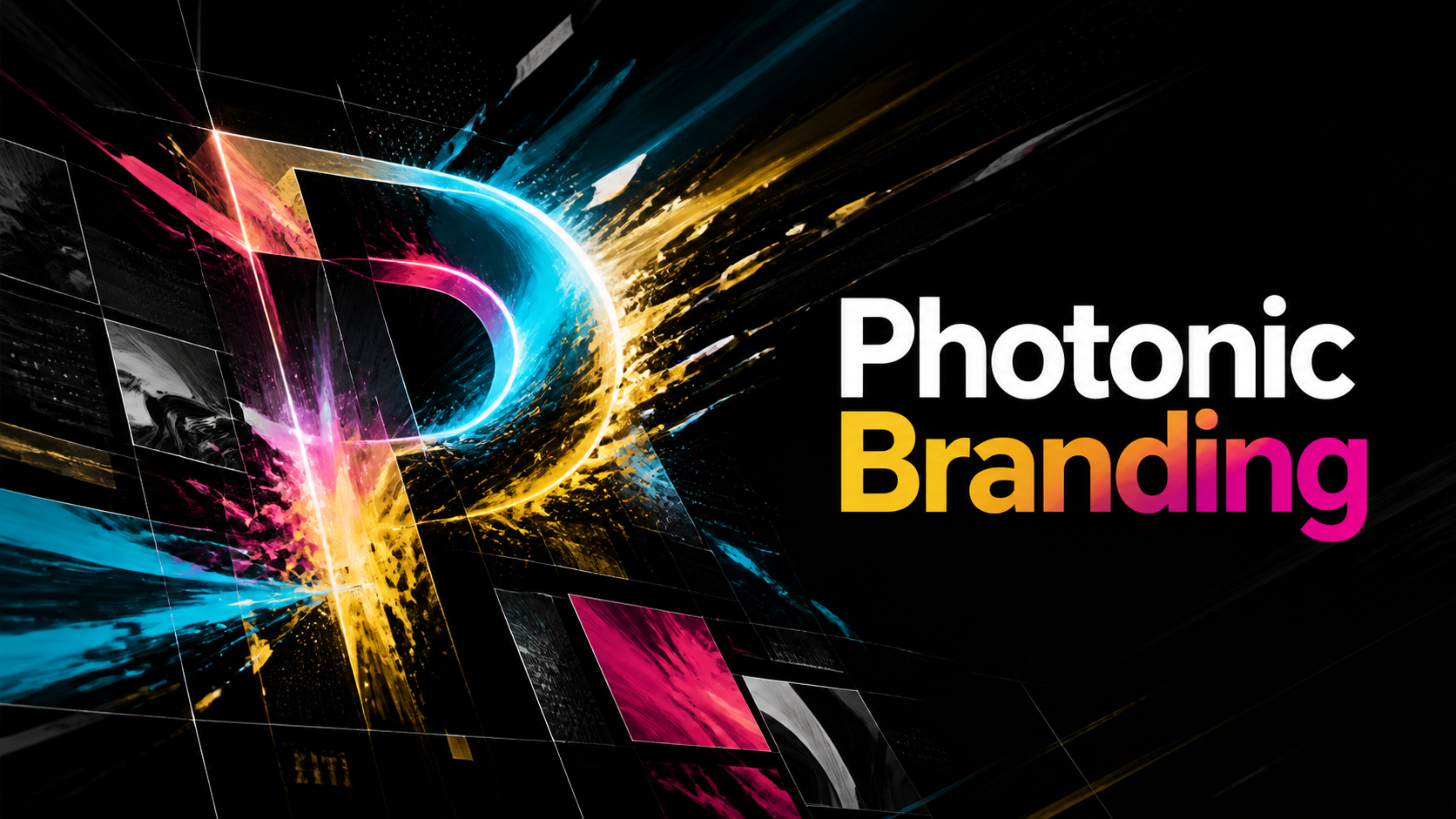 Explosive Photonic Branding P mark with cyan, gold, and magenta light trails