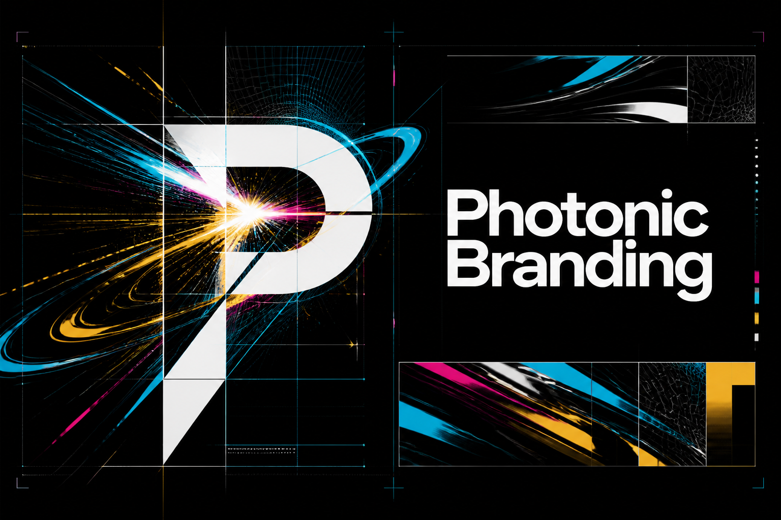 Modern Photonic Branding campaign display with explosive light, print, digital, and brand visuals